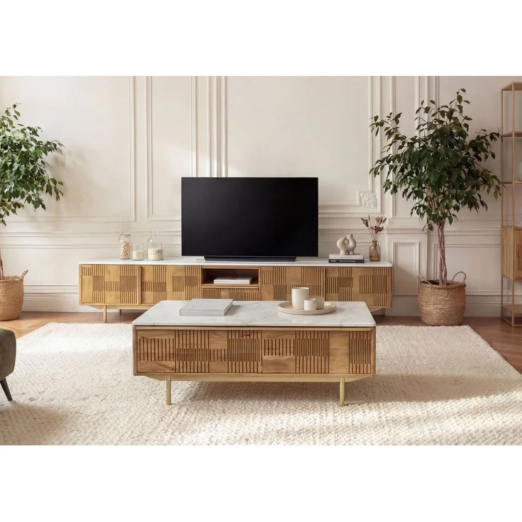 Couchtisch Mango 120x60x45 hellbraun geölt / Marmor weiß MIAMI #110 – Bild 9