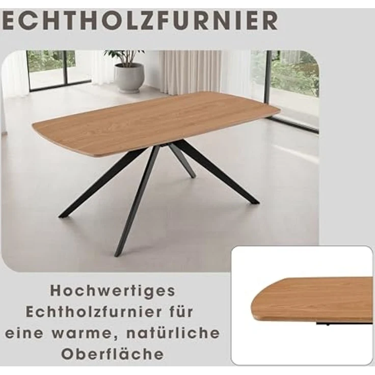 byLIVING Esstisch Jason/Tischplatte in Eiche Natur, Spinnenfußgestell in schwarz/Echtholzfurnier & abgerundete Kanten/Esszimmertisch/Küchentisch/Maße: 160 x 90, H 75 cm – Bild 4