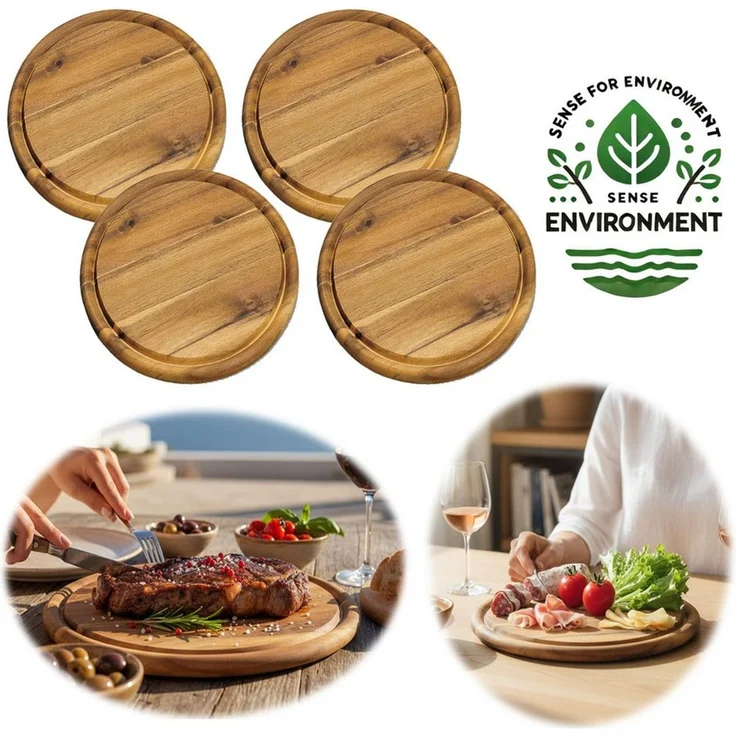 LS-LebenStil Servierbrett 4x Holz Fleischteller Servierteller 25cm Akazie Rund Schneidebrett, Holz, (Set - 4 Stück - Schneidebrett mit Saftrille Vesperbrett Brotzeitbrett, 4-St, Vesperbrett Servierteller Pizzateller Käsebrett Holzbrett) – Bild 1