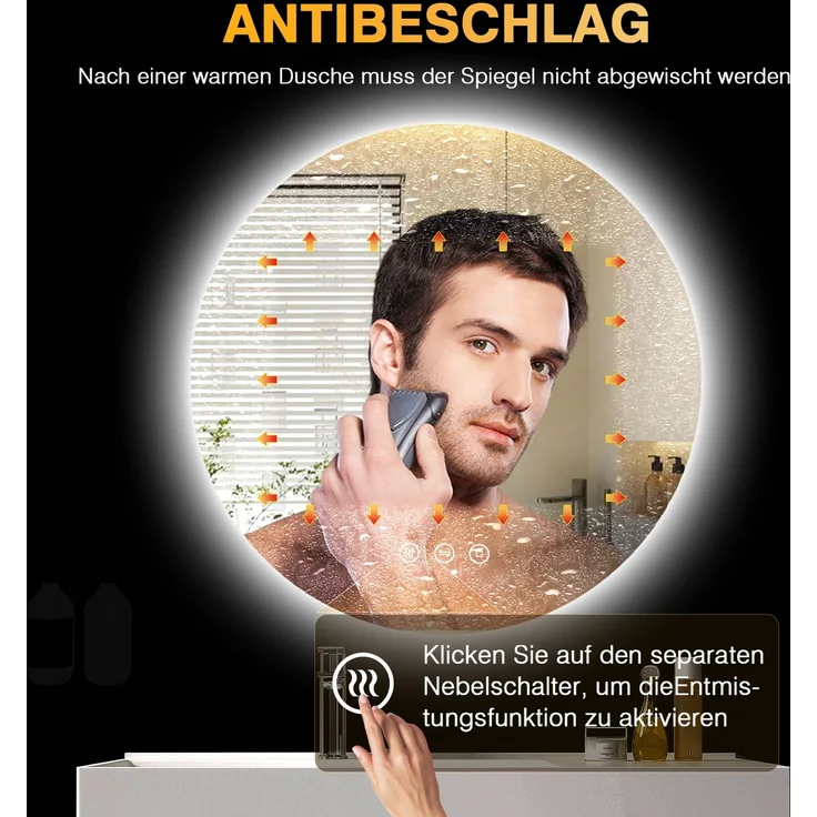 PESENXAN LED Badezimmerspiegel 70 cm, runder Wandspiegel mit Beleuchtung, 3 Lichtfarben, dimmbar, Touch-Schalter, Anti-Beschlag, Memory-Funktion, IP44, Schwarz – Bild 3
