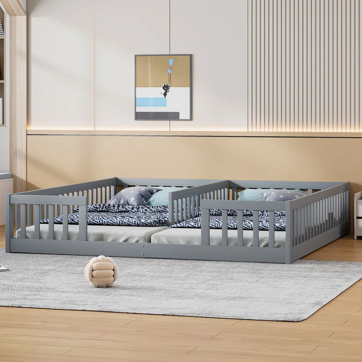 Doppelbett 90x200 cm aus Kiefernholz ,Kinderbett mit Sicherheitsgitter und Lattenrost, platzsparendes Familienbett,grau – Bild 2
