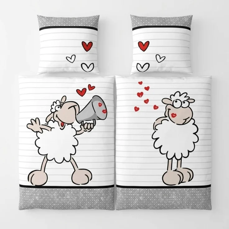Partnerbettwäsche mit Reißverschluss 135x200 cm + 80x80 cm - 4-teilig mit Schaf & Herz Motiv – Bild 2