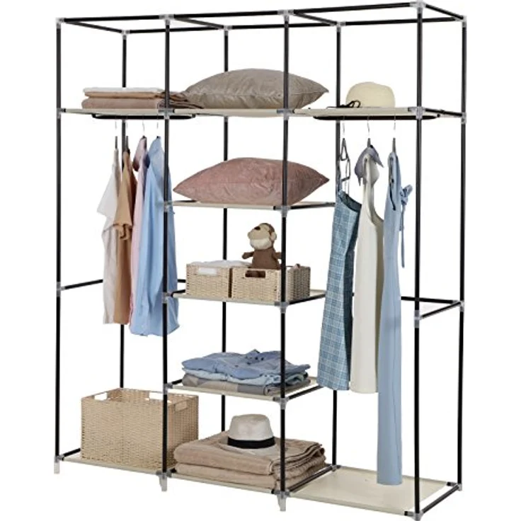 Songmics Kleiderschrank, Faltschrank, Stoffschrank, faltbare Garderobe mit 2 Kleiderstange, 175 x 150 x 45 cm, Beige RYG12M – Bild 4