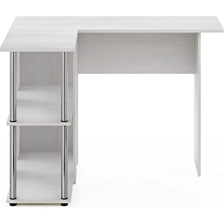 Furinno Abbott L-förmiger Schreibtisch mit Bücherregal, Weiße Eiche, Edelstahlrohre – Bild 7