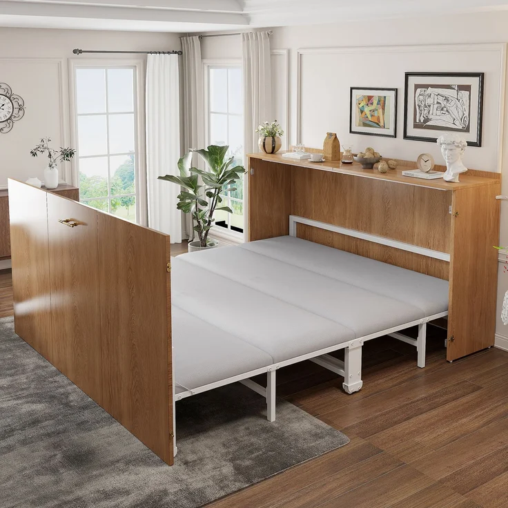 Klappbett 140 x 200 cm, Ausziehbarer Schrankbettrahmen mit Leinenmatratze, Platzsparendes Gästebett mit Metallgestell und Leisen Rollen – Bild 2