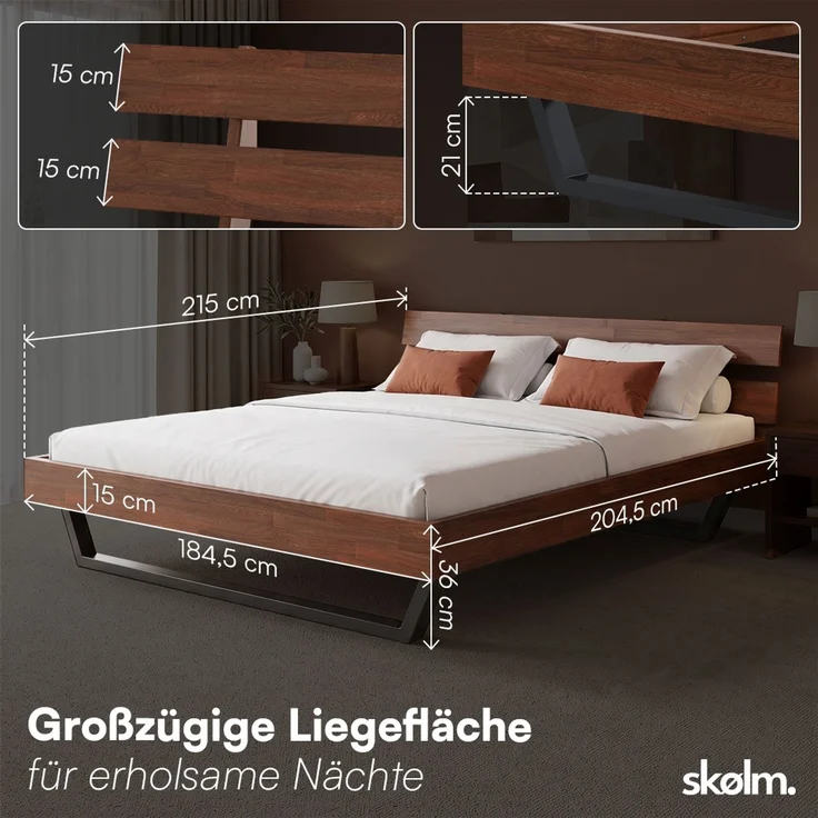 skølm 'Alver' Bett 180x200 cm, Bettgestell, natur geölt, Massivholzbett aus Eiche mit Metallkufen, Walnuss Optik, Bettkopf 2 Streben – Bild 8