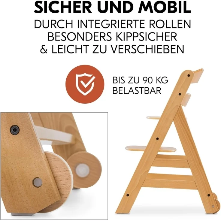 Hauck Hochstuhl Set Alpha Plus Move inkl. Essbrett, Sitzkissen und 2x Babyteller Silikon - mitwachsender Holz Babystuhl / Kinderhochstuhl mit Rollen, Gurt und Tisch - Natur Beige – Bild 4