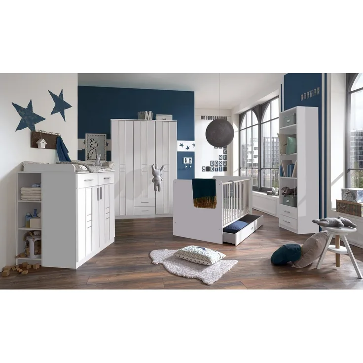 Babyzimmer Bela Borkum Kinderzimmer Komplett Set in Landhaus Weiß in verschiedenen Varianten wählbar - 8 teilig , Kleiderschrank + Babybett + Lattenrost + Umbauseiten + Bettschubkasten + Wickelkommode + Seitenregal + Standregal