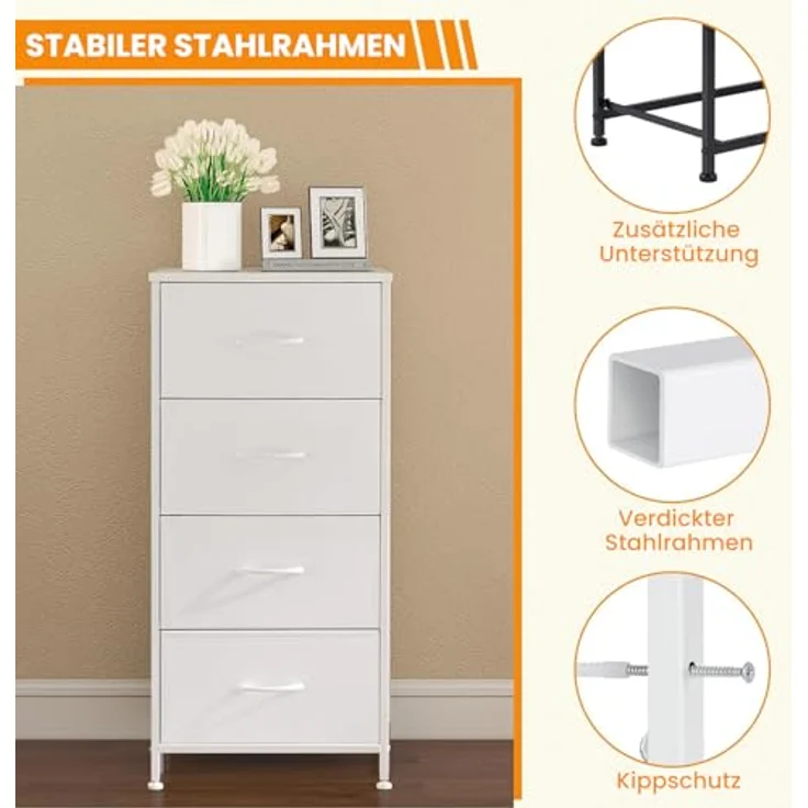 DUMOS Kommode mit Schubladen - kommoden & Sideboards für Schlafzimmer Geeignet, Komodenschrank mit 4 Schubladen, Stoffkommode mit Stabilem Stahlrahmen, Ideal für Schlafzimmer, Wohnzimmer (Weiß) – Bild 6