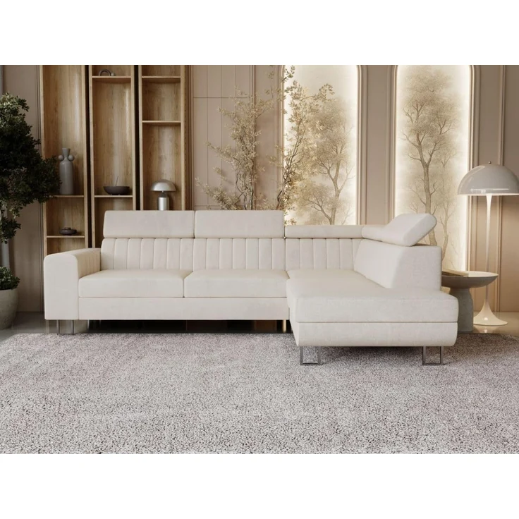 GrainGold Ecksofa mit Schlaffunktion und Bettkasten BERONA L - 255x190 cm, Beige, verstellbare Kopfstützen, Samt – Bild 1