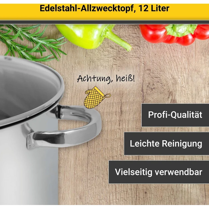 Karl Krüger A28 Allzwecktopf Edelstahl mit Glasdeckel 28 cm, Inhalt 12 Liter / Kochtopf / INDUKTION – Bild 3