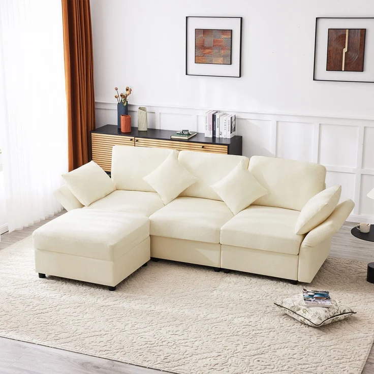 Ecksofa mit Hocker, Zierkissen und Rückenlehnen, L-Form, Armlehnen verstellbar, inkl. Federkern, Polstersofa, Loungesofa, Chenille – Bild 1