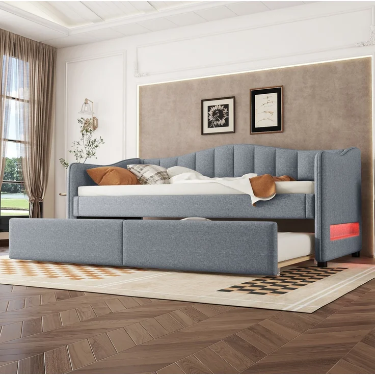 Daybett 90x200 cm mit ausziehbarem Rollbett, LED-Beleuchtung und Leinenbezug in Grau – Bild 2