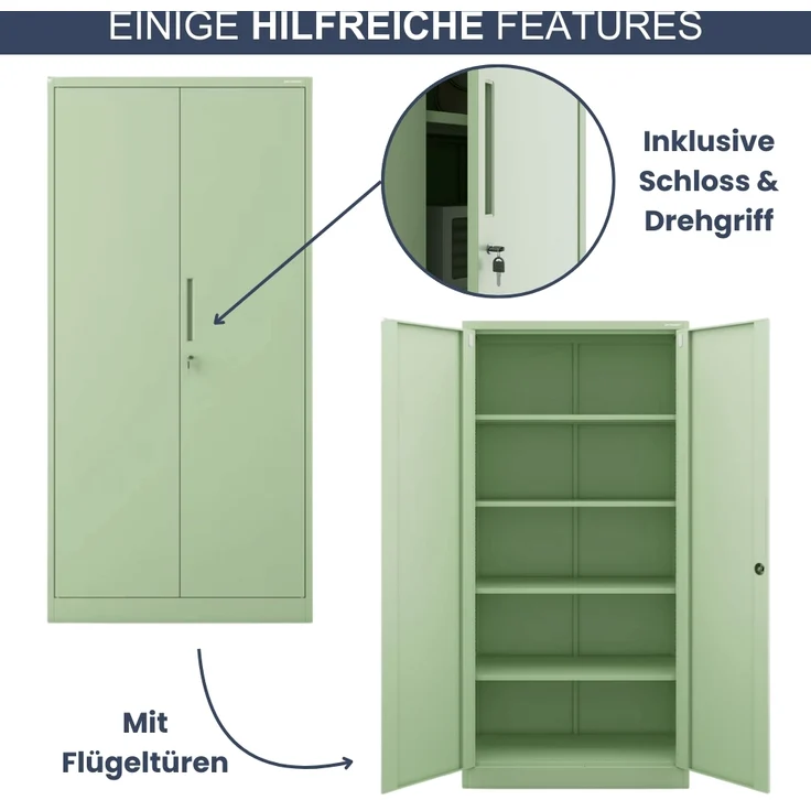 Aktenschrank abschließbar KADO - 5 Ebenen verstellbar, Flügeltüren | Metallschrank Werkstatt Mehrzweckschrank Büroschrank aus Stahl Werkzeugschrank, 185x90x40cm Pastellgrün – Bild 5