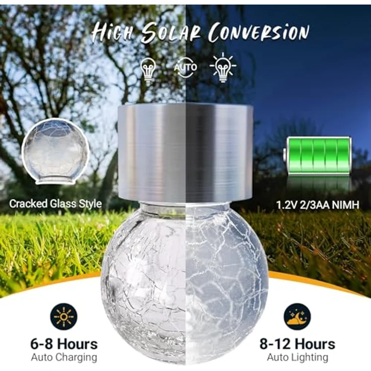 GIGALUMI 12 Stück Solar-Außenleuchten, Solar-Hängeleuchten für Weihnachtsdekoration, rissiges Glas, Solarleuchten für den Außenbereich, wasserdicht für Garten, Hof, Zaun, Baum (kaltweiß) – Bild 4