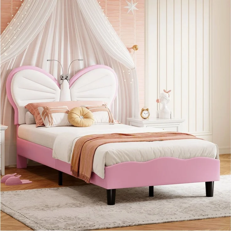 FUROKOY Polsterbett Kinderbett Jugendbett mit Schmetterlings-Kopfteil, Kopfteil hochstellbar, Einzelbett mit Lattenrost,90x200cm,Rosa + Weiß – Bild 2