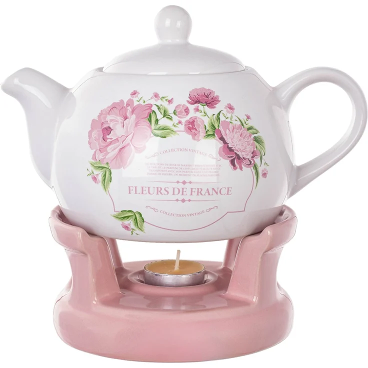 KADAX Teekanne 1L mit Stövchen Set, Kaffeekanne aus Porzellan mit Deckel, Griff und Teestövchen, Kanne mit Teelicht Wärmer für Tee, Teeservice (Rosa/Weiß, Ohne Tassen) – Bild 6