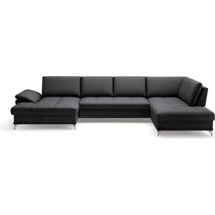 Cavadore Wohnlandschaft Castiel mit Federkern / Sofalandschaft mit XL-Longchair, Sitztiefenverstellung, Kopfstützen und satinierten Metallfüßen / 363x89-104x223 / Echtleder, Schwarz – Bild 8