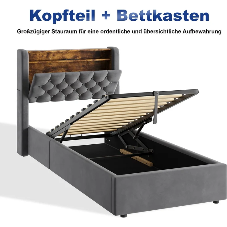 Polsterbett 90x200 cm, Grau, Holland-Velours, LED, USB-C, hydraulischer Stauraum (ohne Matratze) – Bild 9