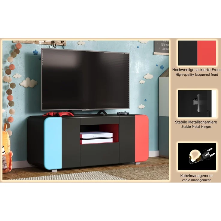 trendteam smart living - Level Up - TV-Schrank - Schwarz/Rot/Blau - Gaming-Lowboard passend für z.B. Nintendo Switch - (BxHxT) 115 x 49 x 42 cm - Mit verdeckten Griffmulden und Softclose-Türen – Bild 6