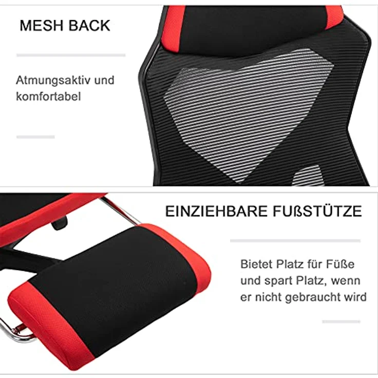 Vinsetto Bürostuhl mit Fußstütze, Höhenverstellbar, Ergonomisches Design, Rot & Schwarz – Bild 6