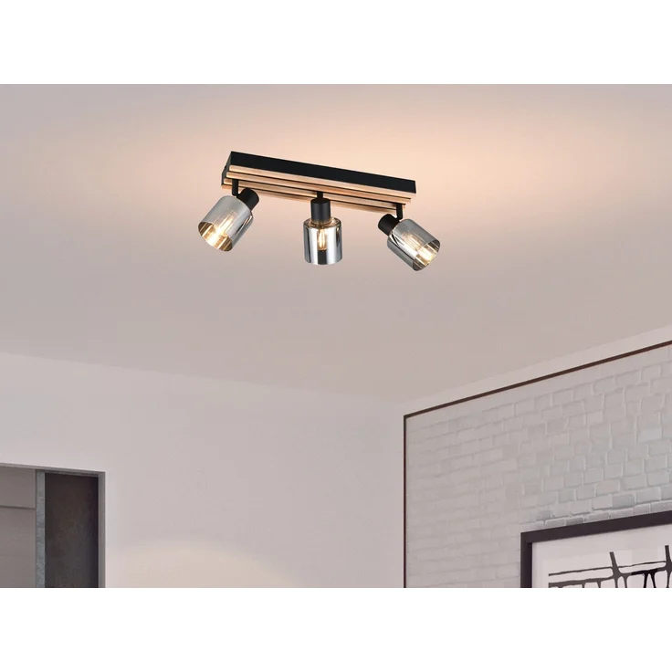 Deckenstrahler TRAVIA 3-flammig, Rauchglas Schwarz & Holzlamellen, Breite 52,5cm – Bild 3