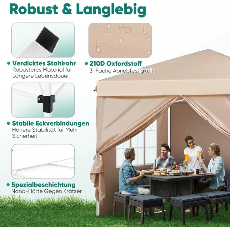 Sekey Premium Pop Up Pavillon 3x3 Wasserdicht Stabil, 3 x 3 m Pavillon mit Seitenwänden, Faltpavillon Partyzelt Faltbar für Camping Party, Höhe Verstellbar 250-270cm, (Khaki, Mit Seitenwänden) – Bild 3