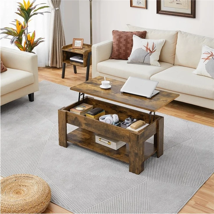 Yaheetech Couchtisch Höhenverstellbarer Kaffeetisch mit Verstecktem Stauraum und Ablage, Ausziehbarer Wohnzimmertisch Sofatisch für Wohnzimmer – Bild 2