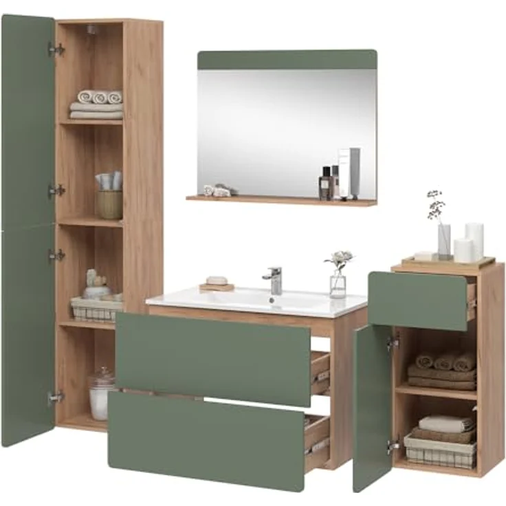 Vichy Badmöbel-Set Izan, 5-teiliges Badmöbelset in Goldkraft Eiche/Grün mit Hoch- und Midischrank – Bild 6