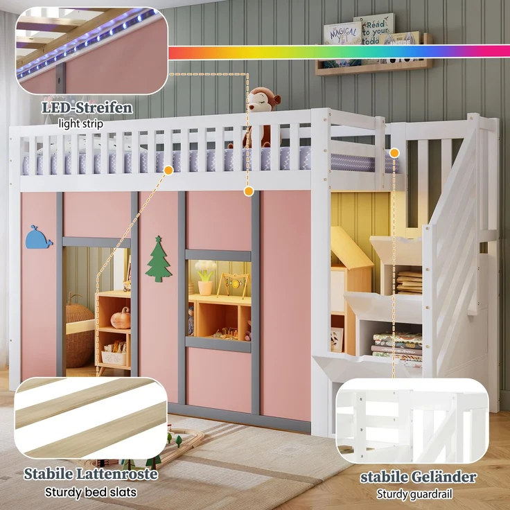 Merax Hochbett 90x200 cm, Kinderbett, Halbhochbett mit Stauraumtreppe, LED-Beleuchtung, Spielbereich, Rausfallschutz und Deko-Motiven, Weiß + Rosa, 252.5 x 95 x 142 cm – Bild 7