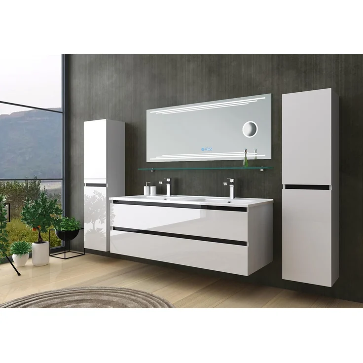 Homeline Badmöbel Set Weiß Dennis Hochglanz 60 cm Spiegel incl LED (60, 7, 3X Seitenschrank) – Bild 1
