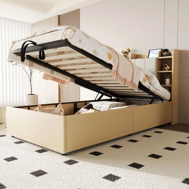 Holzbett 90 x 200 cm, Hydraulisches Bett, Kopfteil mit Stauraum, Ausgestattet mit USB- und Tape-C-Steckdose, Einzelbett, Jugendbett, Holzfarbe (ohne Matratze) – Bild 2
