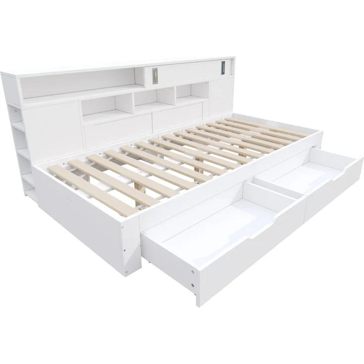 Multifunktionales Daybed mit Schubladen, Schrank, Regalen und Stauraum, 204,5 x 119,5 x 85 cm, Weiß, ohne Matratze – Bild 8
