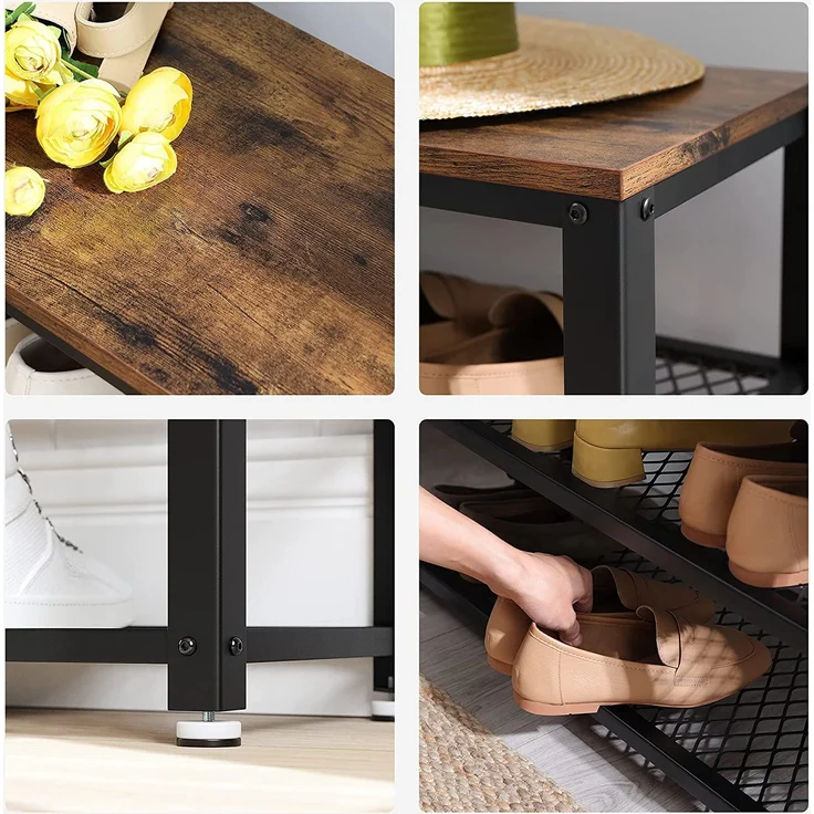 Vasagle Wandgarderobe, Schuhbank, Wandregal mit Ablage und 10 Haken, Schuhregal mit 3 Ebenen, Aufbewahrung, Metallgestell, für Flur, Eingangsbereich, Industrie-Design, vintagebraun-schwarz – Bild 7