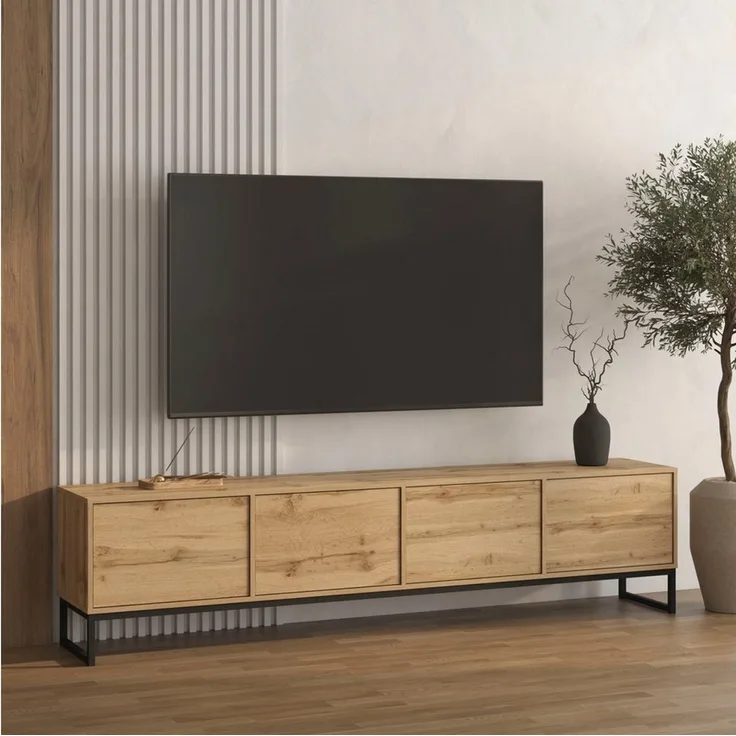 OTTO home Lowboard Loft, Breite 208,5 cm, TV-Board mit 4 Klappen, Metallkufen, TV-Kommode mit viel Stauraum, push-to-open-Funktion