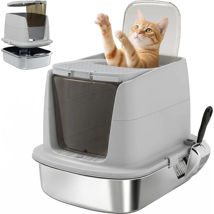 PawHut Katzentoilette, Edelstahl, Kunststoff, Hellgrau, 52,4L x 41,3B x 39,8H cm – Bild 1
