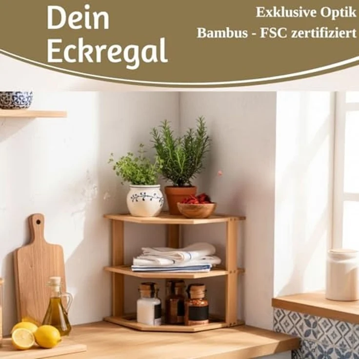 LS-LebenStil Küchenregal Eckregal Holz 27x25cm stehend Aufbewahrungsregal Gewürzregal, Küche & Bad - Gewürzregal über Eck - Organizer für Tassen Gewürze 1-tlg, Dekoregal als für Arbeitsplatte - Badregal Ablage Modern Platzsparend – Bild 3