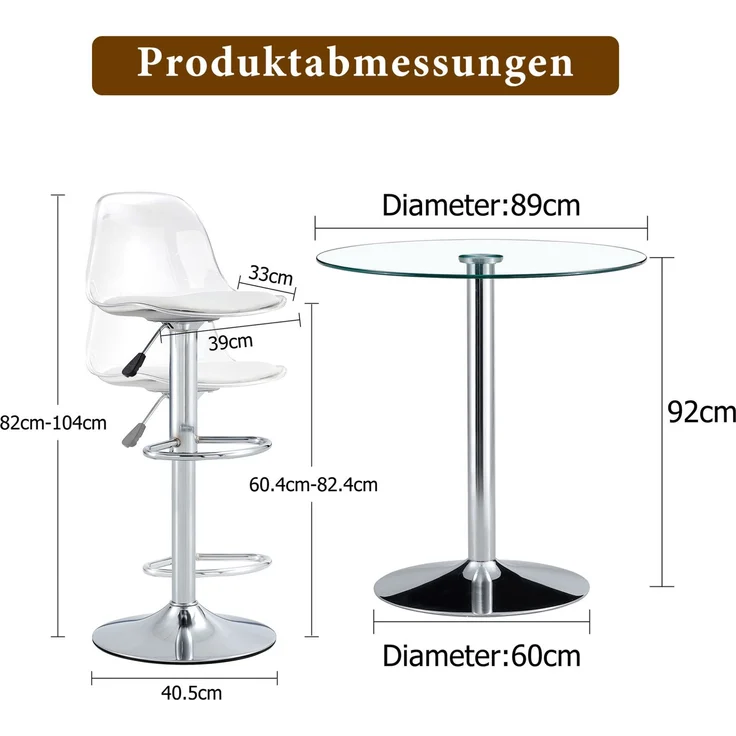 Bartisch-Set mit Glasplatte, 2 höhenverstellbaren Drehhockern, Ø 89x92 cm, Silber/Transparent – Bild 5