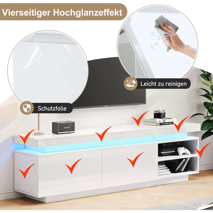 Merax Moderner Lowboard Hochglanz-TV-Schrank mit LED-Beleuchtung, TV-Board, TV-Kommode, geeignet für 75-Zoll-TVs,Tisch, universeller Gaming-Medienständer, Aufbewahrungsschrank und großer Stauraum, weiß – Bild 5