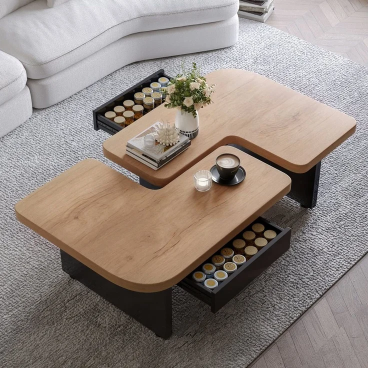 OKWISH Couchtisch Beistelltisch (2-in-1 LED-Sofatisch aus Naturholz mit Schubladen & Höhenverstellung, sicher für Familien) – Bild 1