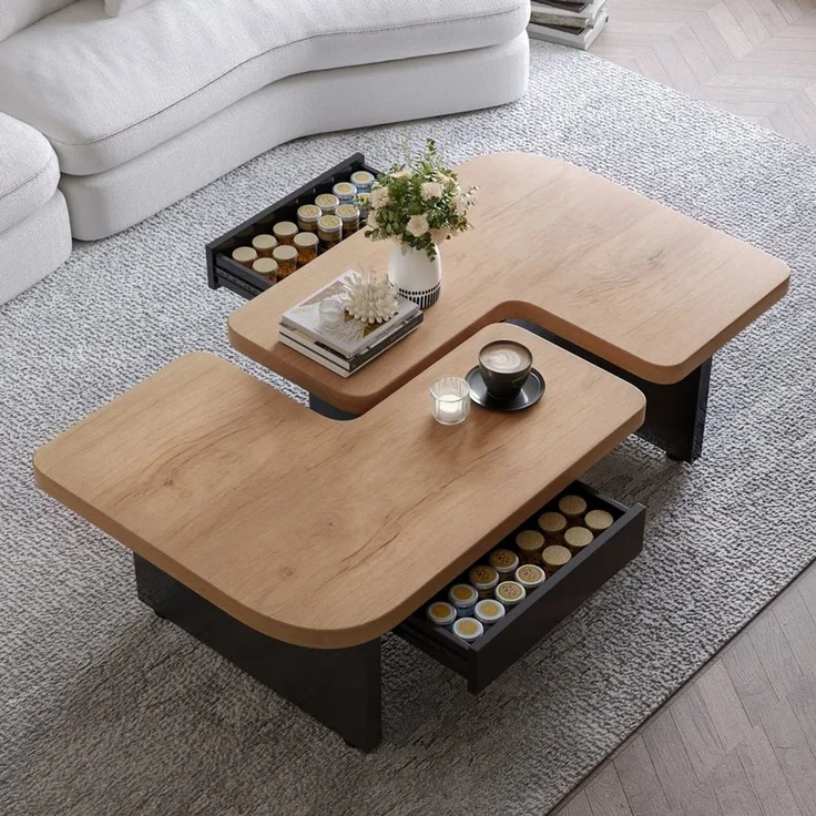 OKWISH Couchtisch Beistelltisch (2-in-1 LED-Sofatisch aus Naturholz mit Schubladen & Höhenverstellung, sicher für Familien)