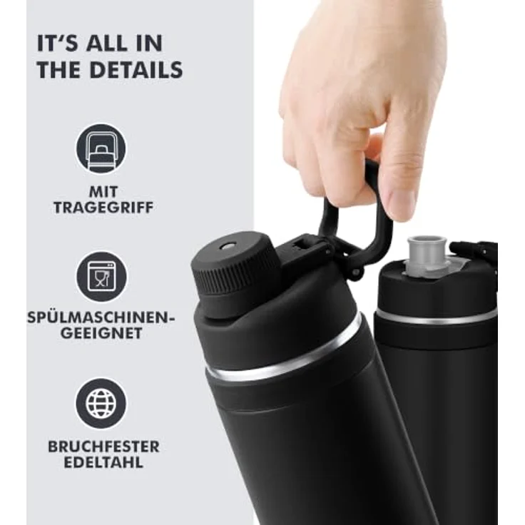 Thermos ULTRALIGHT MAX BOTTLE Trinkflasche 1 L, doppelwandige Edelstahl-Isolierung, auslaufsicher, ultraleicht, 24h kalt, 12h heiß, schwarz – Bild 4