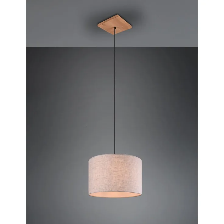 Skandinavische LED Pendelleuchte mit beigem Stoffschirm und Naturholz, Ø 35cm