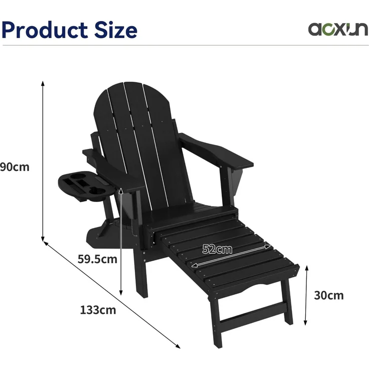 Aoxun Adirondack-Loungesessel mit ausziehbarer Fußstütze & Getränkehalter, 133 x 52 x 90 cm, klappbarer Gartensessel aus HDPE-Kunststoff in Holzoptik, wetterfest für Terrasse, Balkon & Rasen, Schwarz – Bild 2