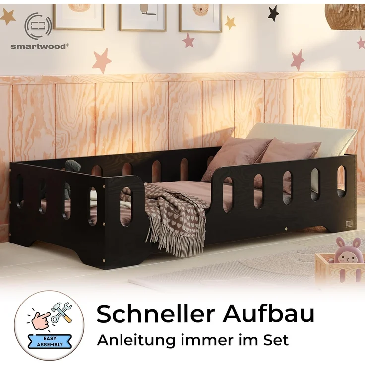 smartwood Kinderbett Bodenbett 120x200 mit Rausfallschutz & Lattenrost - Schwarz - Kinder Montessori Bett TILA 2L mit glatten Kanten - Betten für schnelle Montage - Bis 300 kg belastbar – Bild 4