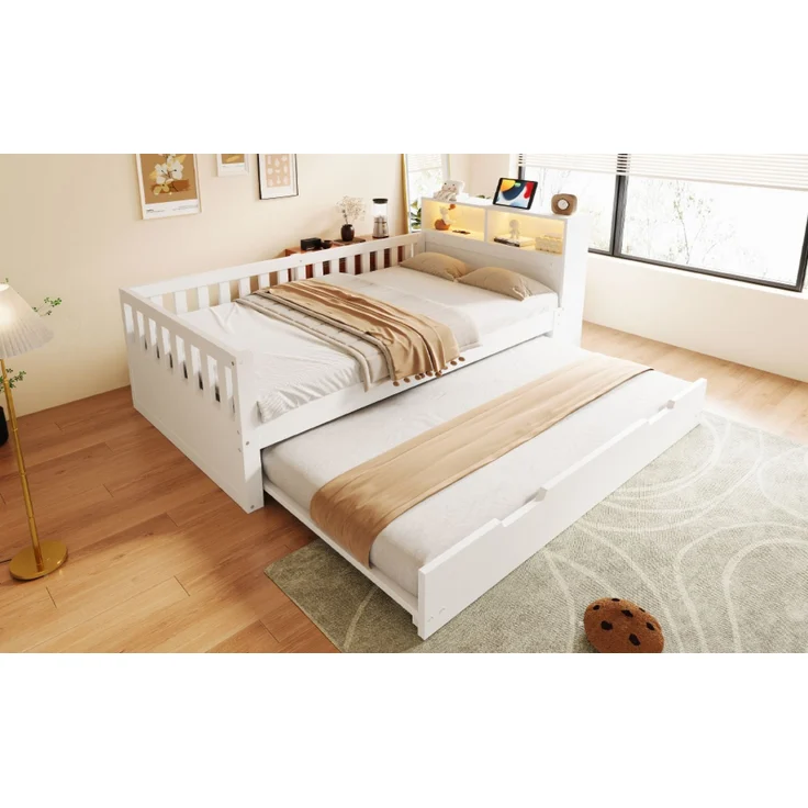 Merax Einzelbett, Multifunktionales Holzbett 90 × 200 cm, Mit Ausziehbarem Bett, Ablage und Staufach, Ausgestattet Mit Steckdose und LED-Beleuchtung, Sicherheitsgitter, Weiß – Bild 6