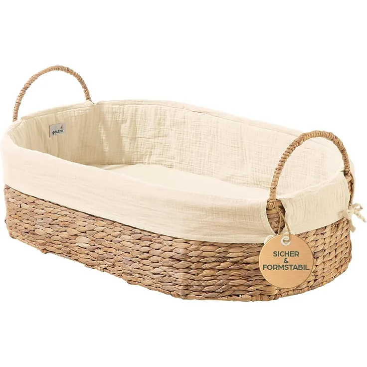 Geuther Moses Nest Babynest Tragekorb ruhiger Schlafplatz für Babys aus natürlichem Korbgeflecht waschbar mit atmungsaktiver Matratze aus 100% Bio Baumwolle Farbe: Beige, 5. 66 kilograms