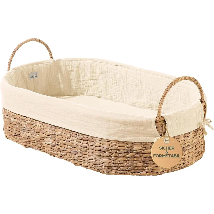 Geuther Moses Nest Babynest Tragekorb ruhiger Schlafplatz für Babys aus natürlichem Korbgeflecht waschbar mit atmungsaktiver Matratze aus 100% Bio Baumwolle Farbe: Beige, 5. 66 kilograms – Bild 1