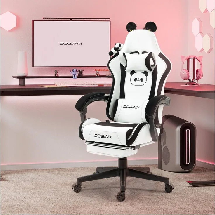 Dowinx Gaming-Stuhl Süße Katze Edition mit Katzenohren und Plüschtier (Packung), Ergonomischer Stuhl mit Hoher Rückenlehne und Lendenwirbelstütze