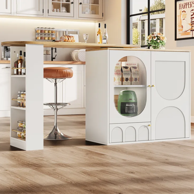 Um 360° drehbarer Bartisch Stehtisch Kaffeebarmöbel drehbare Esstheke mit Stauraum Kücheninsel drei Türen mit Türregalen herausnehmbare Trennwände weiß / schwarz 105 x 39 x 102 cm